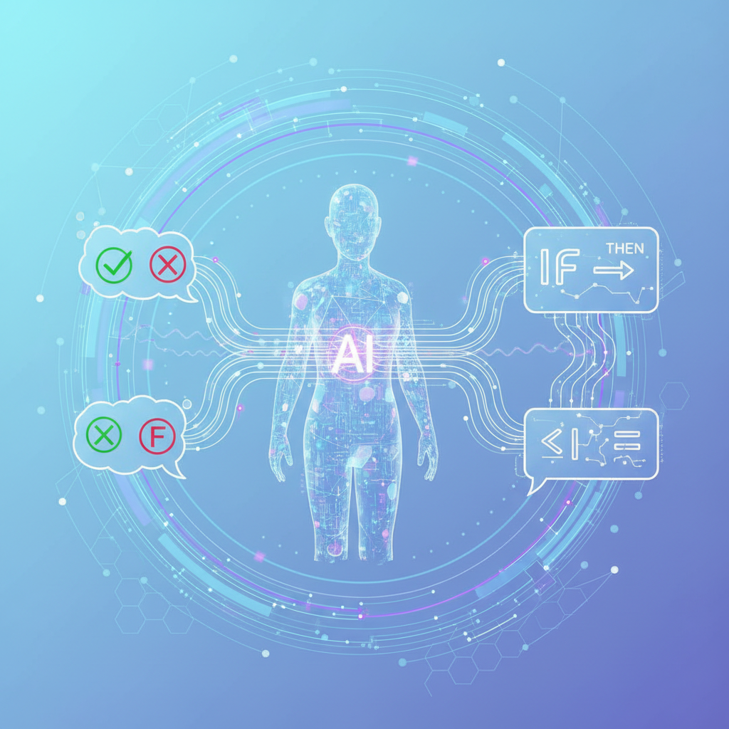 An elegant, clean infographic showing a human-like AI avatar evaluating true/false statements and following 'if-then' rules, depicted with flowing data connections. The background is a soft, futuristic blue and purple gradient. No visible text.
