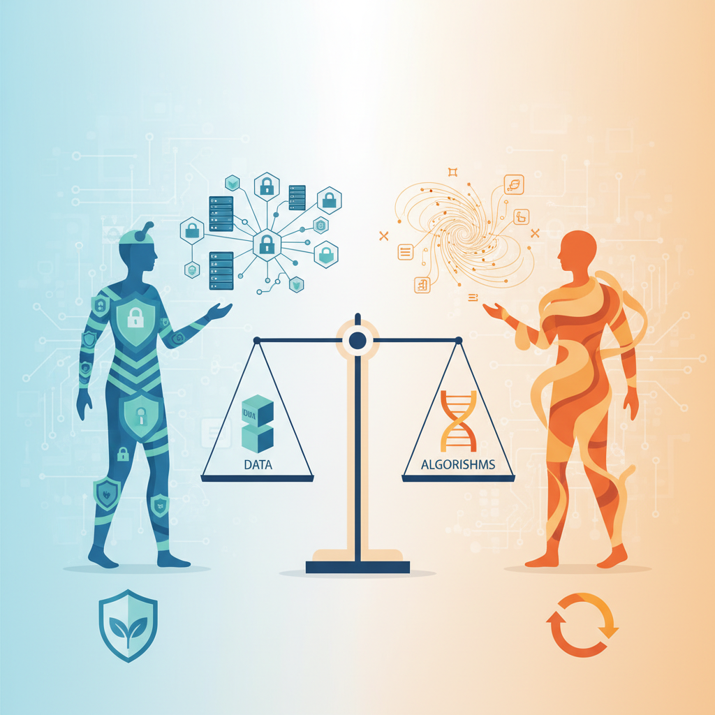 A balanced, clean infographic illustration showing two opposing sides, represented by abstract figures, engaged in a debate over data and algorithms. One side has a data protection symbol, the other a flexible work symbol. A subtle, textured background provides context. No text, bright lighting, centered focus, full frame.