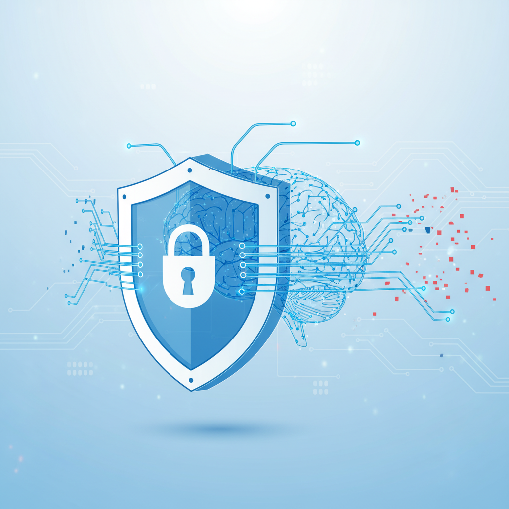 Clean infographic showing brain neural data protection concept, digital brain visualization with security shield and lock symbols, data streams being protected, modern minimalist design with blue and white color scheme filling entire frame, no text in image