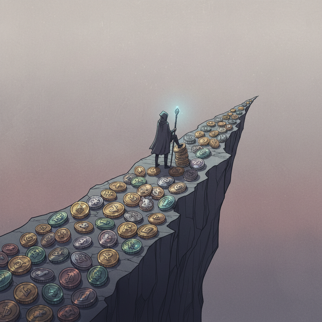 A stylized illustration depicting a perilous path made of various small, unique crypto tokens, leading to a cliff. A lone figure stands cautiously. The background is a gradient sky with muted colors, suggesting uncertainty. Artistic rendering, textured background. No visible text.