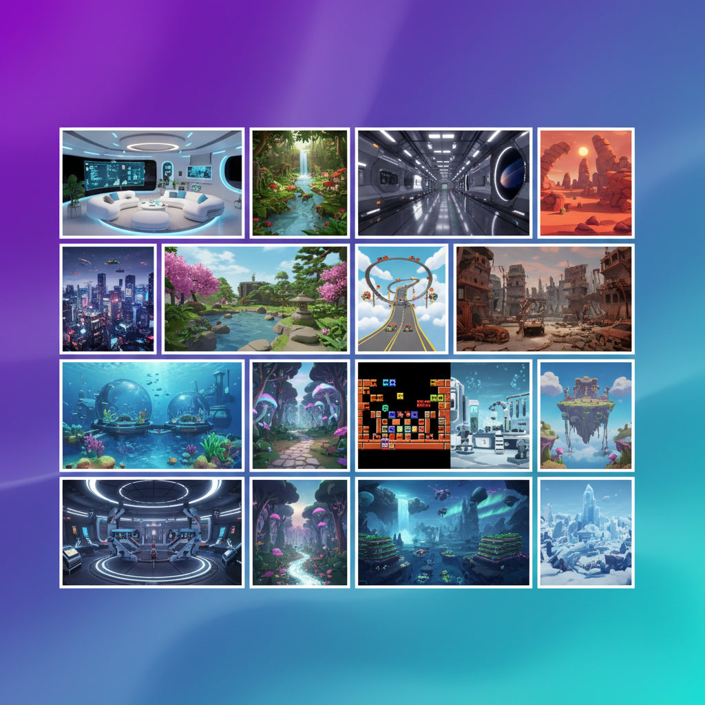 A collection showcase of diverse 3D environments generated by AI, including futuristic interiors, natural landscapes, and game-like spaces. Each environment displayed as thumbnail previews in a grid layout. Colorful gradient background from purple to teal, professional presentation style. Bright, even lighting. No text.