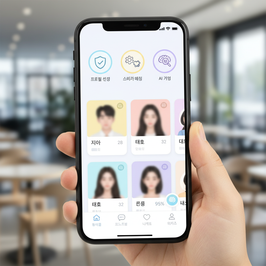 Modern dating app interface showing multiple AI features, clean UI design with Korean text elements, colorful and user-friendly layout, smartphone screen mockup, profile verification and smart matching icons, no text in image
