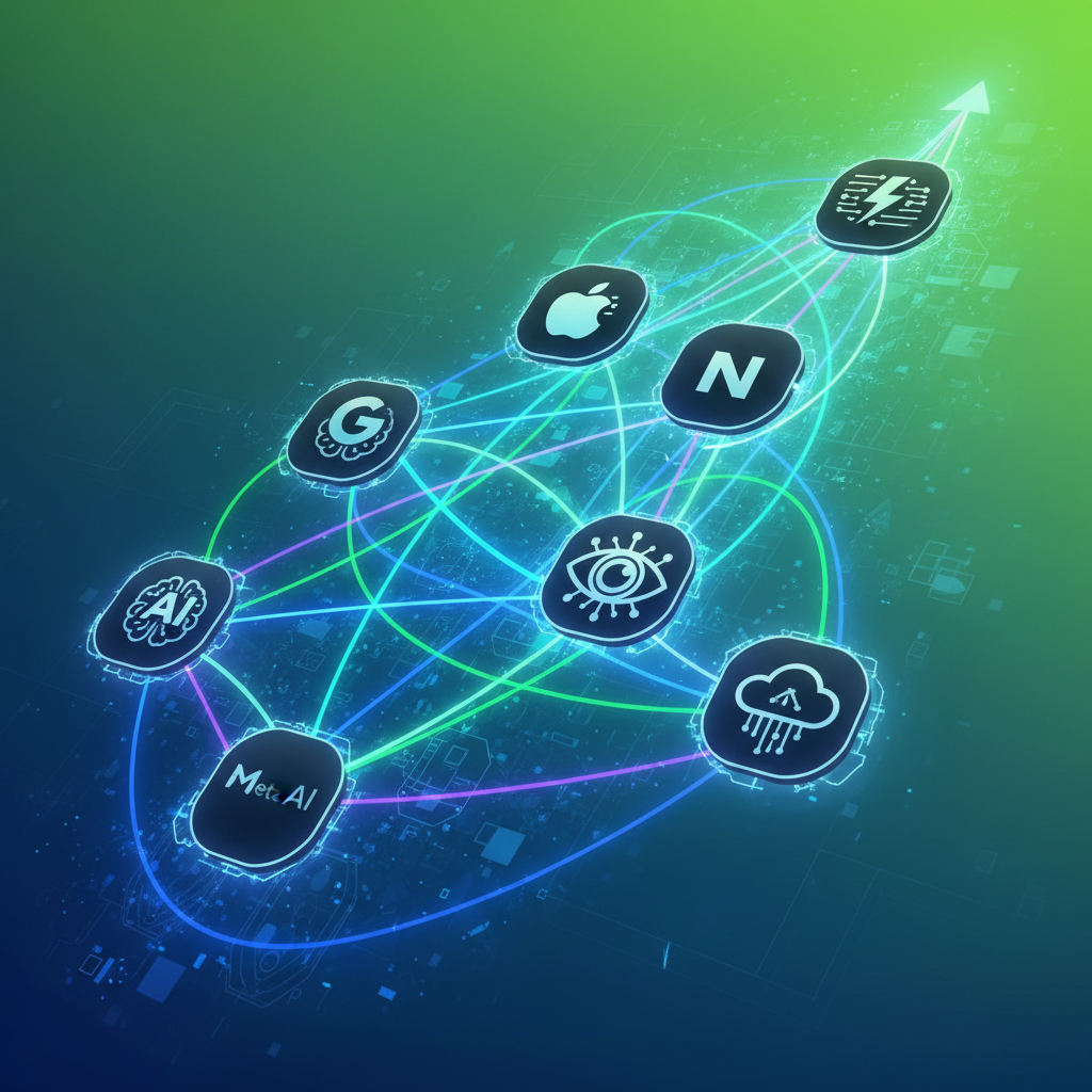 A dynamic, interconnected network of various AI model icons, each representing a different company or capability, floating in a digital space with light trails, symbolizing innovation and competition. The background is a vibrant, textured gradient of blues and greens, no visible text.