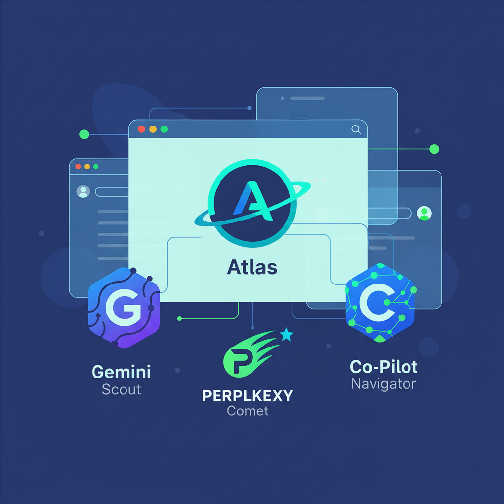 An infographic-style illustration showing different AI browser logos and interfaces including ChatGPT Atlas, Perplexity Comet, and others arranged in a modern tech layout, vibrant colors with blue and green tones, clean design, no text in image
