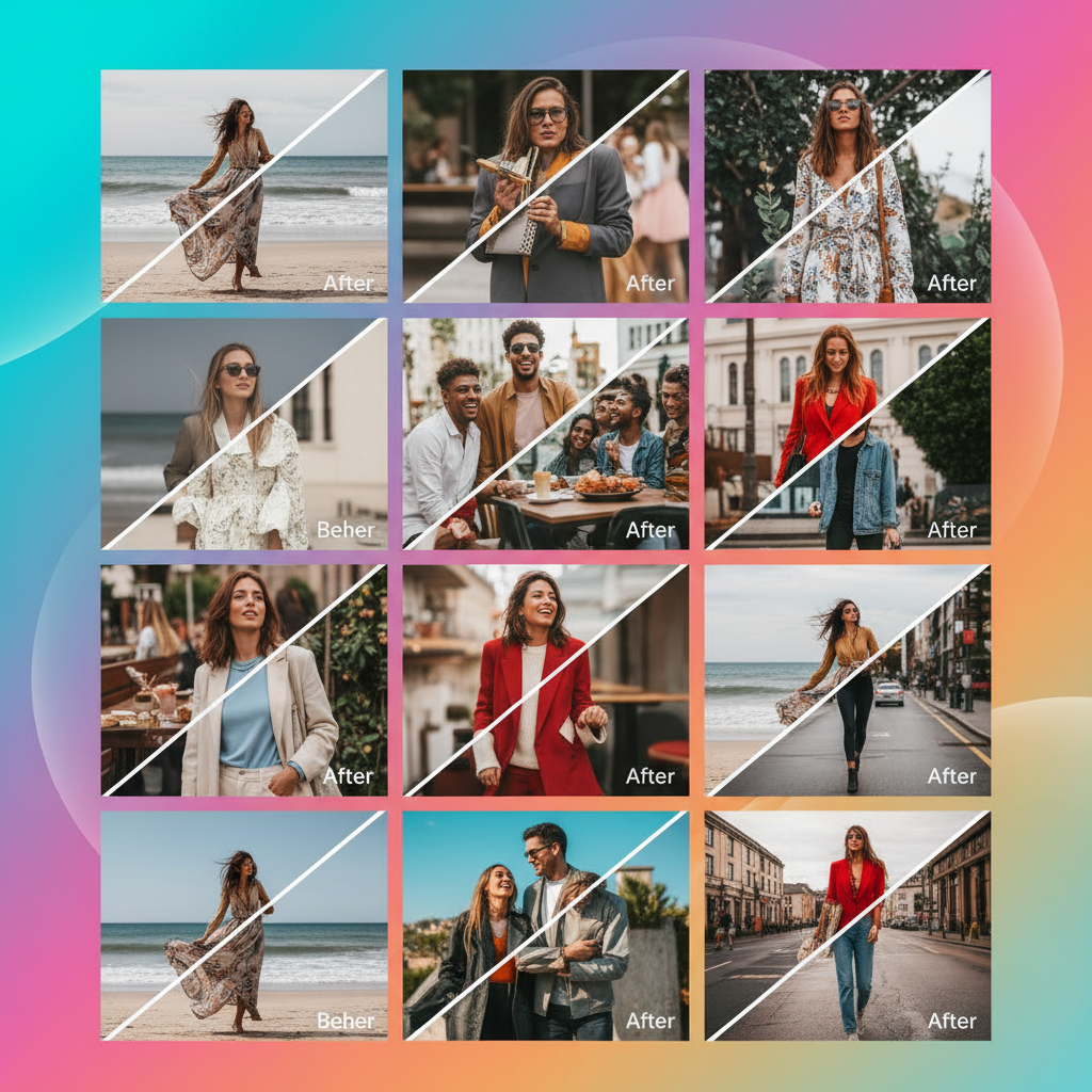 Collection of photo editing templates showing before and after transformations, colorful mosaic layout with gradient background, lifestyle and fashion photography styles mixed, bright studio lighting, visually rich composition, no text in image