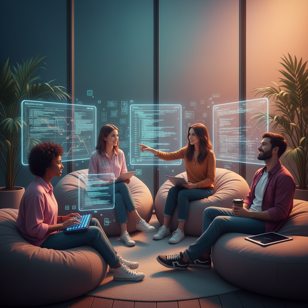 A modern, vibrant image of diverse developers collaboratively working on an open-source project, symbolizing the 'vibe coding' movement and the importance of a developer-centric platform like Supabase. Include elements of code on screens, but no visible text. Style: lifestyle photography, warm lighting, natural setting. Gradient background. No visible text in image.