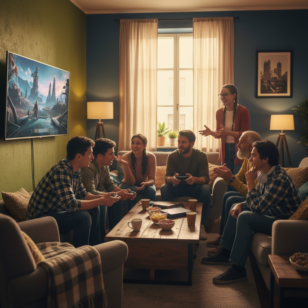 A diverse group of gamers of various ages and backgrounds, gathered in a comfortable living room or gaming lounge, discussing a video game. Some are holding controllers, others are animatedly talking, showing a mix of emotions from excitement to contemplation regarding the impact of AI in games. Style: lifestyle photography, warm lighting, natural setting. No visible text in image. Colored background.