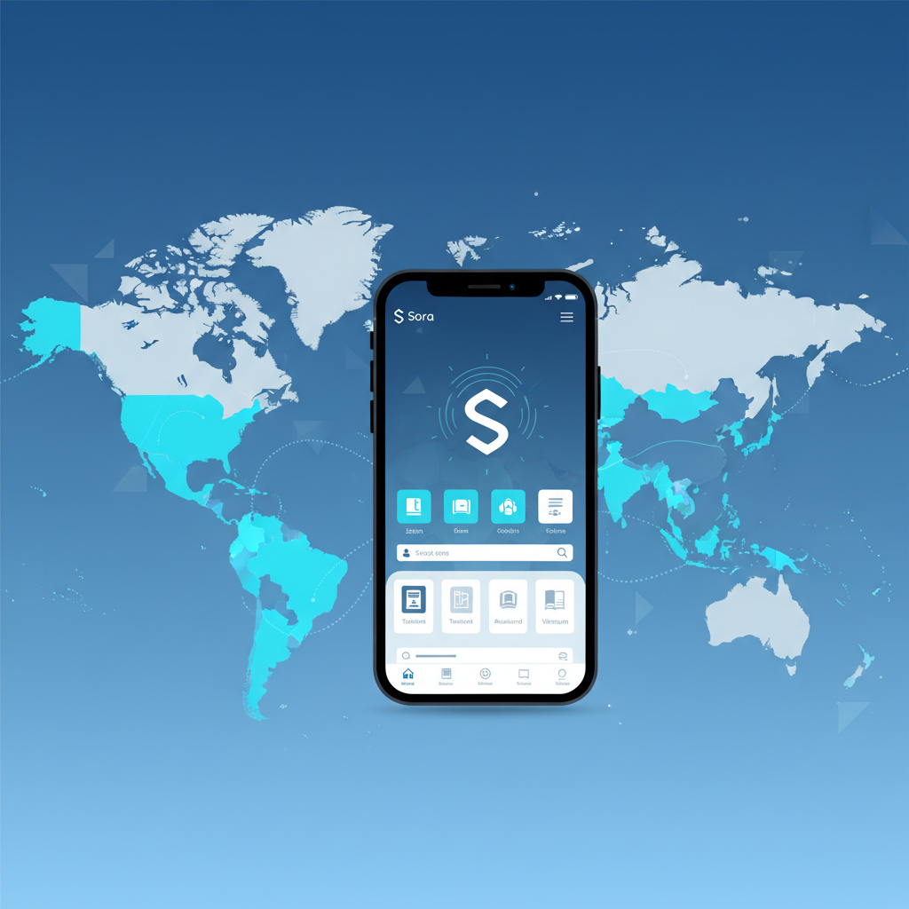 An illustrative map highlighting the countries where Sora is available on Android (US, Canada, Japan, Korea, Taiwan, Thailand, Vietnam). A smartphone with the Sora app interface is prominently displayed over the map. Style: clean, modern infographic with subtle digital elements. No text in image.