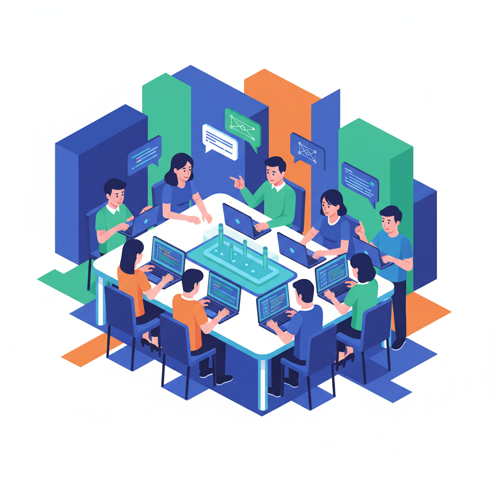 A diverse group of young, enthusiastic Korean developers are gathered around a table, actively discussing code and ideas while using Supabase on their laptops and tablets. The atmosphere is energetic and collaborative. Style: clean infographic, modern layout, high contrast. Colored background with abstract geometric shapes, no empty margins. Bright, balanced lighting. No visible text in image.