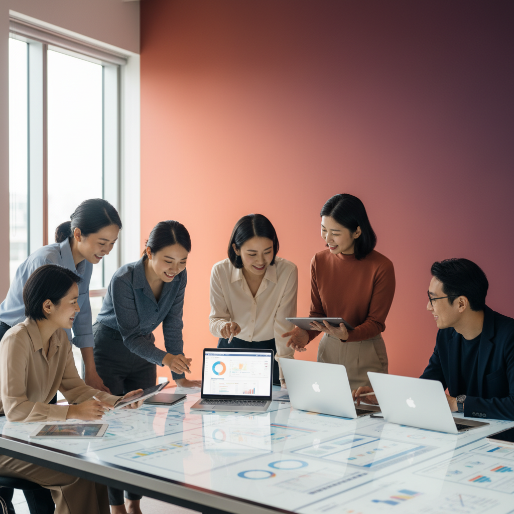 Group of diverse professionals collaborating around a digital workspace, Korean, Japanese, and other Asian appearances, modern office environment with soft natural lighting, laptops and tablets visible, warm collaborative atmosphere, rich colored background with gradient tones, no text