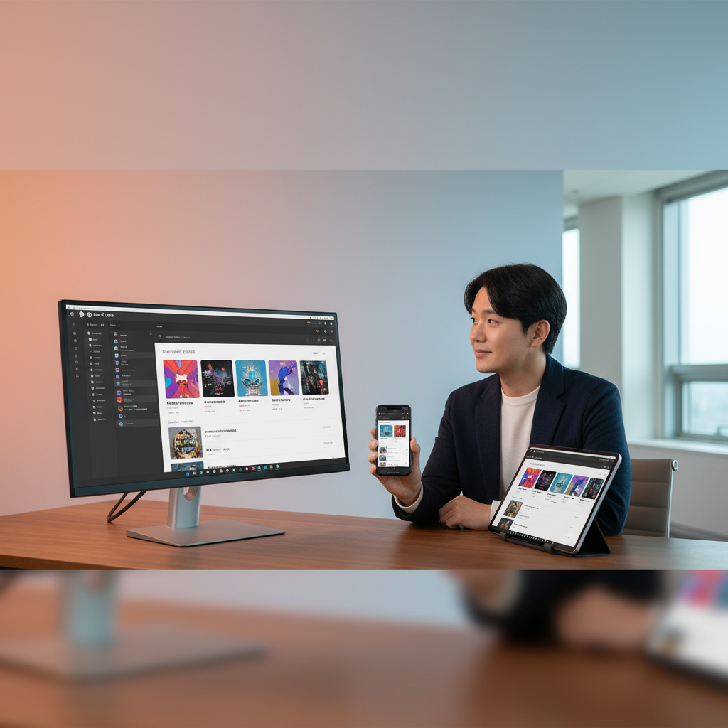 Scene of a person seamlessly switching between listening to a podcast playlist on their desktop computer, then their smartphone, and a tablet, all showing the Pocket Casts interface. The background is a modern office/home setting with bright, balanced lighting and a gradient wall. Korean appearance, natural expression. No visible text.