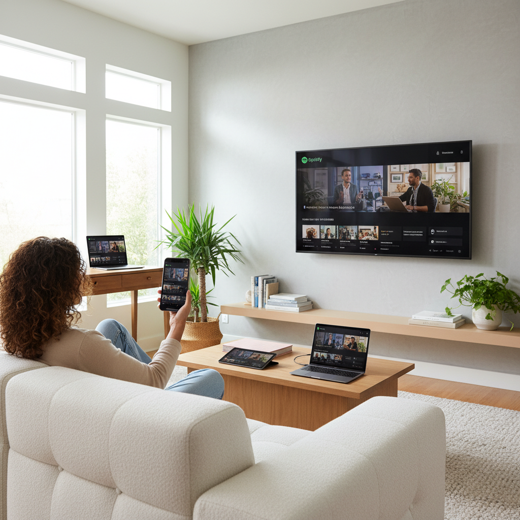 Multiple devices showing Spotify video podcasts - smartphone, tablet, smart TV, laptop, modern living room setting with comfortable seating, natural daylight, lifestyle photography, no text
