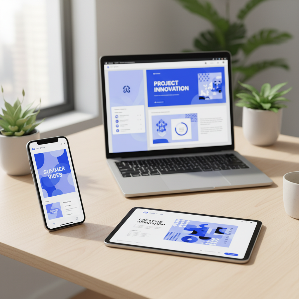 Multiple devices showing Adobe Express in use - smartphone, tablet and laptop displaying different design projects simultaneously, modern tech setup on wooden desk, natural window lighting, colorful interface screens with blue and purple tones, contemporary lifestyle scene, no text visible