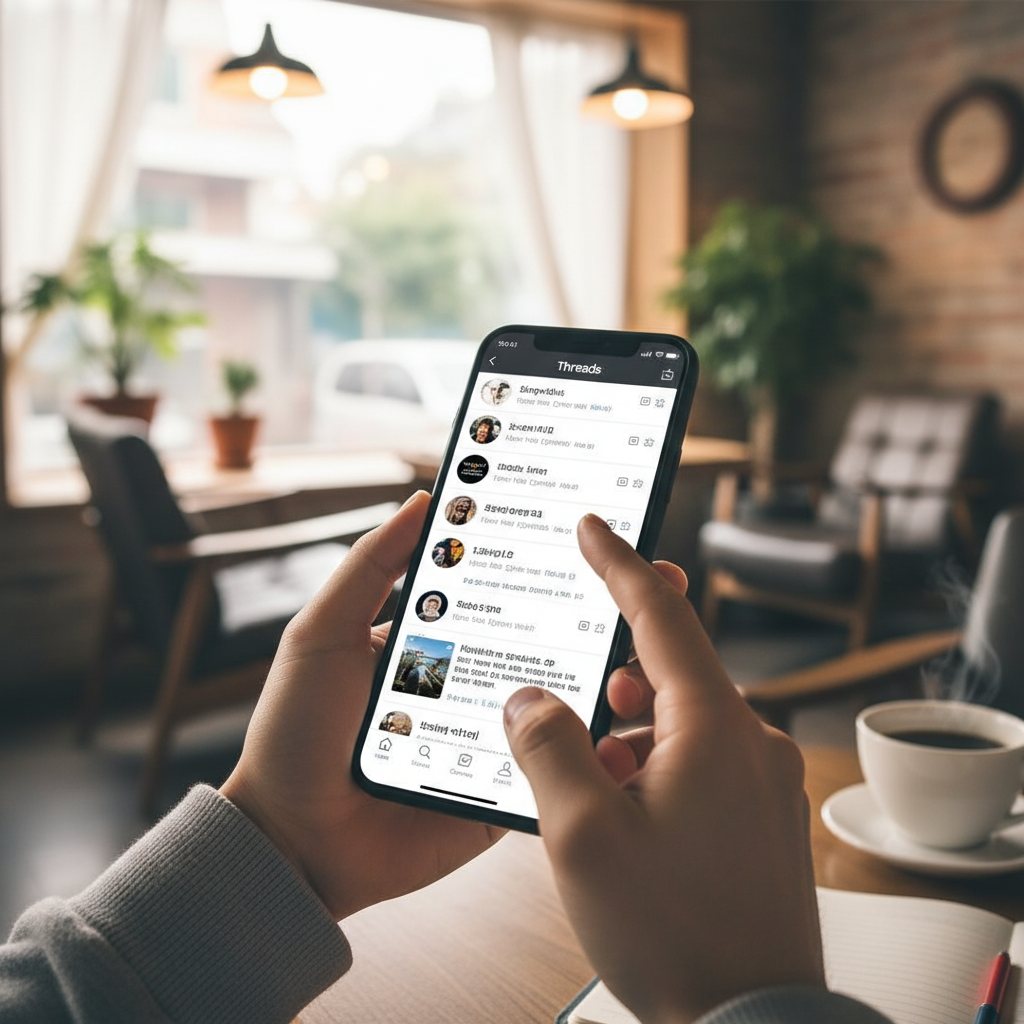 A Korean hand tapping on a smartphone displaying the Threads app, with multiple links and content options for creators visible. Background is a warm, inviting cafe setting. Lifestyle photography, natural lighting, no visible text.