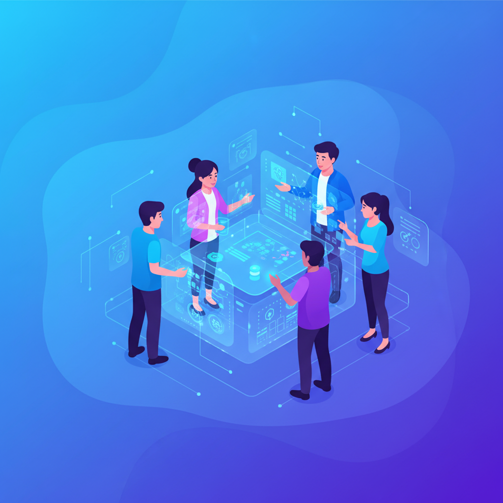 A vibrant and diverse group of startup founders, some with Korean appearance, collaborating on AI solutions in a modern, well-lit co-working space. They are looking at a holographic display showing conceptual AI models. The background is a gradient of blues and purples, with minimal empty space. Clean infographic style, high contrast, no visible text. Bright, balanced lighting.