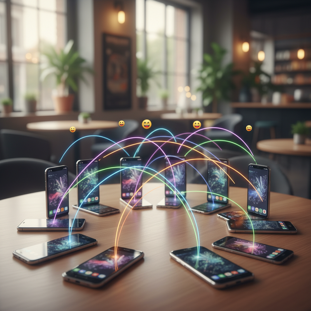 A diverse group of modern smartphones from different brands (representing iPhone and various Android models) wirelessly exchanging files in a friendly, cooperative manner. The background is a blurred, vibrant tech office or cafe setting. Style: lifestyle photography, warm lighting, natural setting. No text.