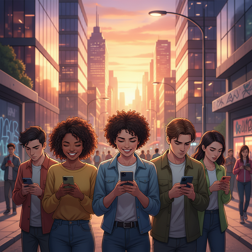 Diverse group of young adults in modern urban setting, each person engaged with their smartphones showing different emotions from joy to contemplation, vibrant city background with warm sunset colors, contemporary lifestyle scene, natural expressions, no text