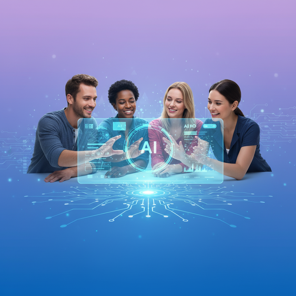 Clean infographic, modern layout, high contrast. A diverse group of people collaborating around a central holographic AI interface, symbolizing teamwork and innovation. The background is a soft gradient of blue and purple, filled with subtle tech patterns. No visible text in image.