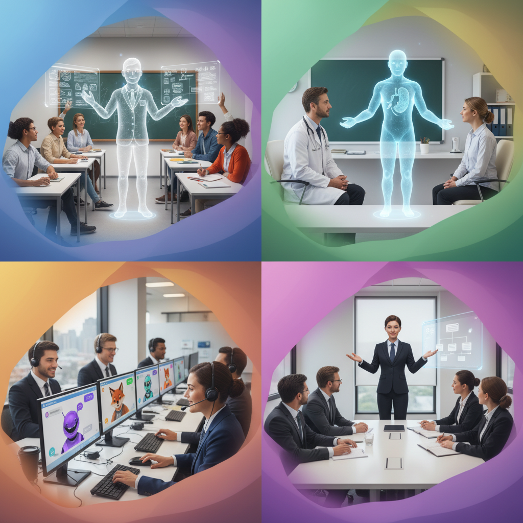 Multiple scenes showing AI avatars being used in education classroom with students, healthcare consultation room, e-commerce customer service center, and corporate training session, lifestyle photography style, warm professional lighting, colorful gradient background, diverse applications, no text
