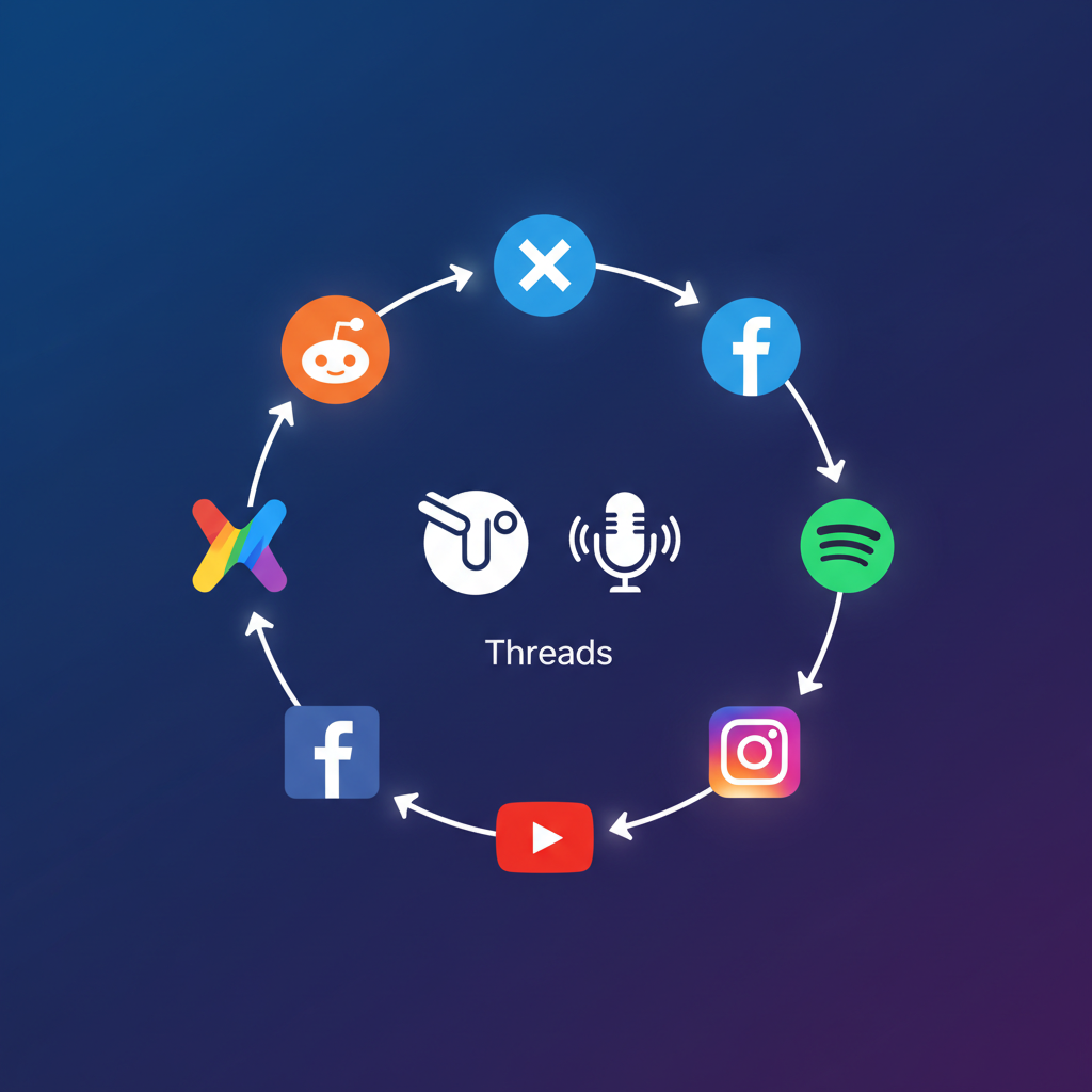 An infographic showing various social media platform icons (Reddit, X, Facebook, Instagram, YouTube, Spotify) converging around a central Threads icon and a podcast microphone. Clean infographic, modern layout, high contrast, colored background. No visible text.