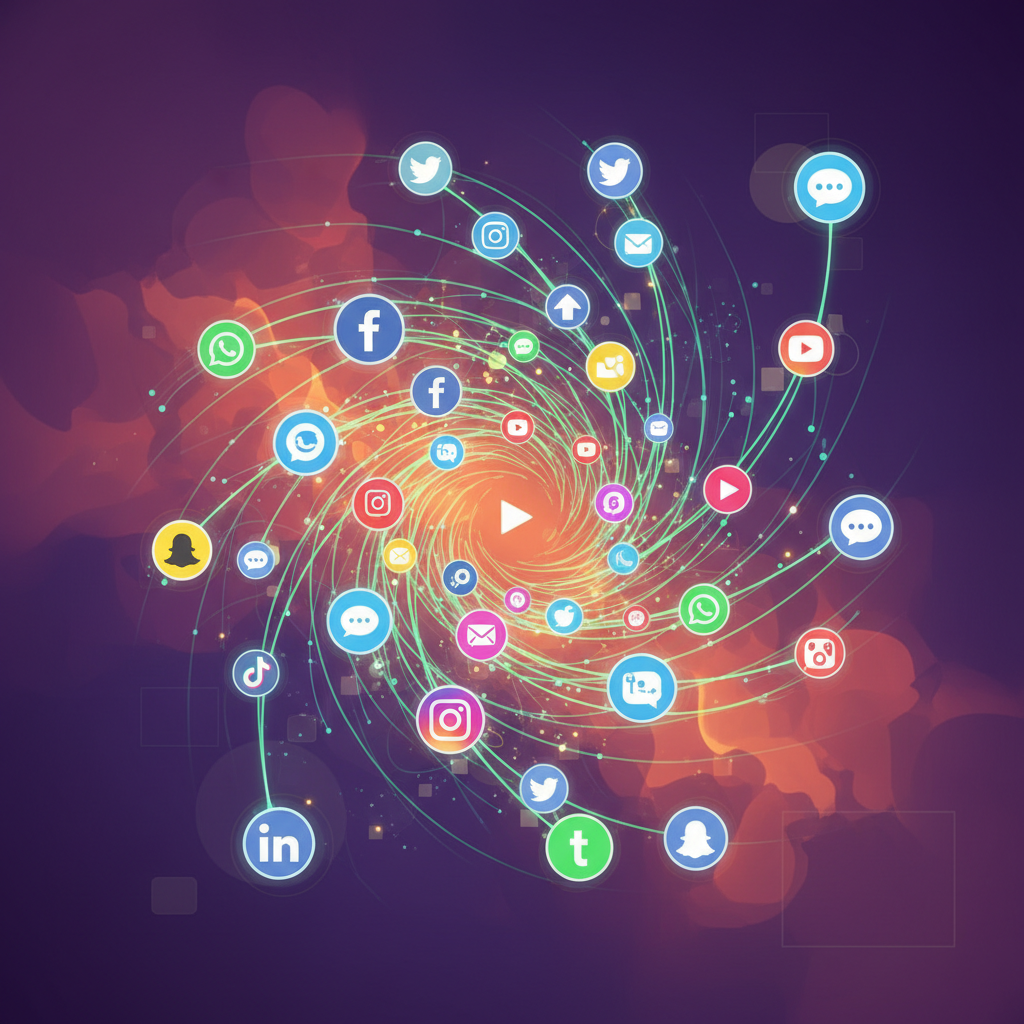 Multiple social media and location app icons connected by glowing network lines, modern tech ecosystem visualization, vibrant gradient background with purple and orange tones, digital illustration style, dynamic composition, no text