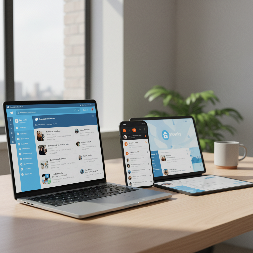Multiple social media platform interfaces displayed on different devices, smartphone and laptop showing Twitter, Reddit, and Bluesky, realistic tech photography, modern workspace setting, natural daylight, no text in image