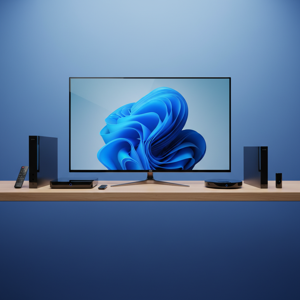 A collection of modern streaming devices and smart TVs on a wooden shelf, clean product photography, soft studio lighting, gradient blue background, high-tech aesthetic with subtle reflections, devices arranged in a visually appealing composition, no text