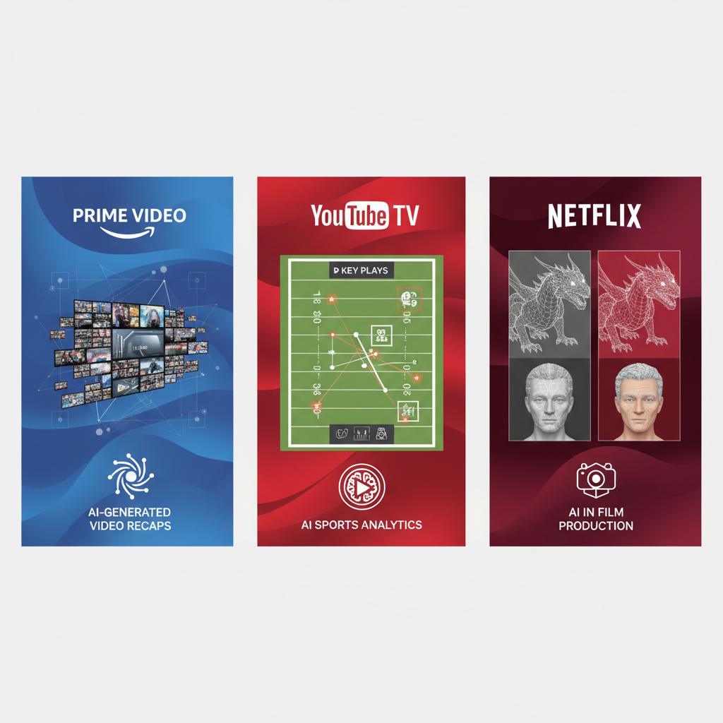 An infographic illustrating different streaming platforms (Prime Video, YouTube TV, Netflix) with distinct visual representations of their AI features. Prime Video shows AI-generated video recaps, YouTube TV shows 'Key Plays' for sports, and Netflix shows AI in film production (e.g., CGI, character de-aging). Each platform has its own section with clear, modern design. The background is a gradient of streaming service colors. clean infographic, modern layout, high contrast. No visible text.