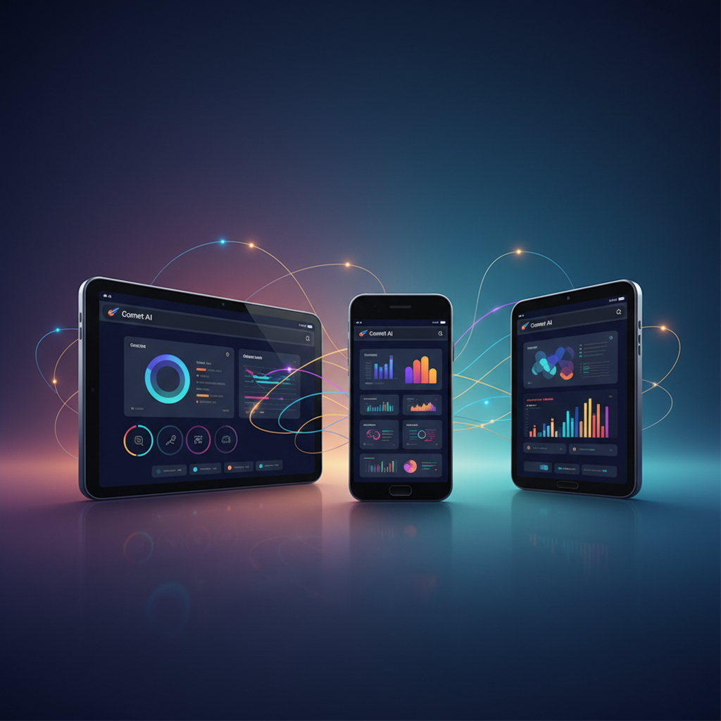 clean infographic, modern layout, high contrast, multiple stylized Android devices (smartphones, tablets) in a gradient background, each displaying the Comet AI browser, interconnected with subtle glowing lines, no text.