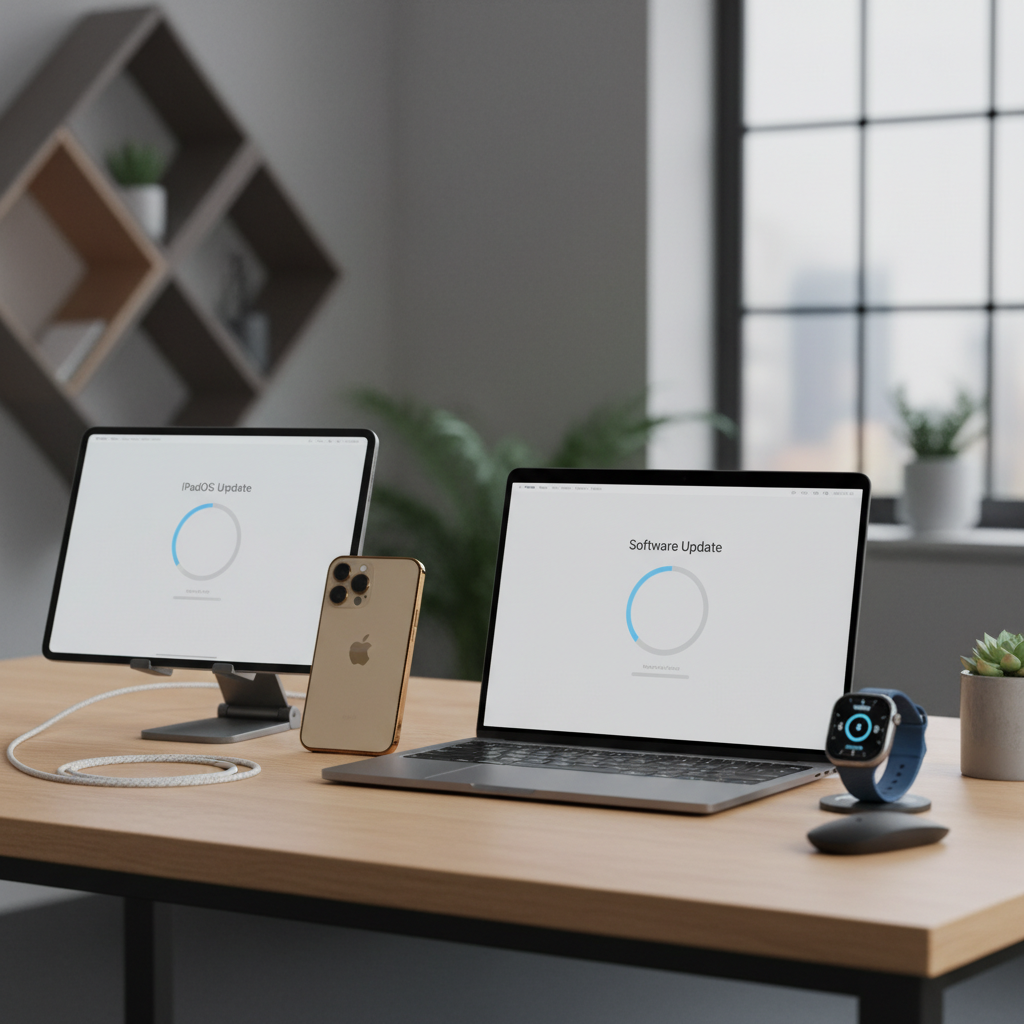 Collection of Apple devices including iPhone, iPad, Mac, and Apple Watch showing update screens, clean tech setup on modern desk, professional product photography style, no text visible