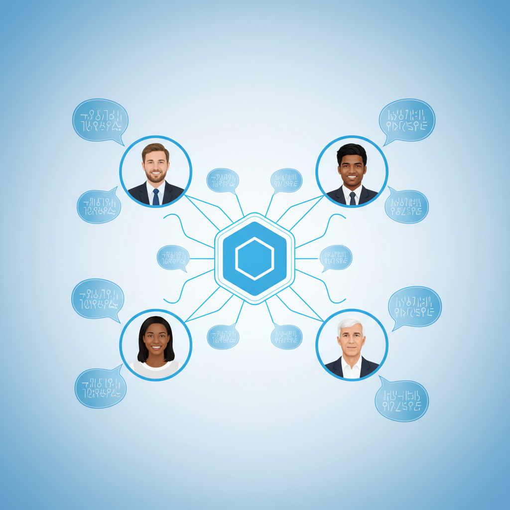 Clean infographic showing a diverse group of people in a virtual meeting (like Webex), with speech bubbles showing different languages being instantly translated into each person's native language. Focus on seamless communication, global connection. Modern layout, high contrast, technology blue and white. No visible text, full frame with gradient background. Centered focus.