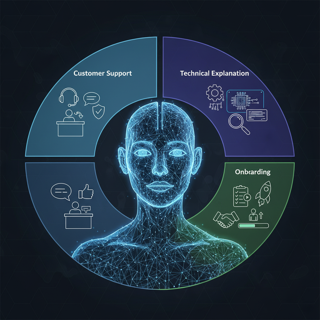 A detailed infographic showcasing a human-like AI agent engaging in various roles: customer support, technical explanation, and onboarding. The agent is surrounded by icons representing different tasks. Style is modern, high contrast, and clean, with a textured background, no text.