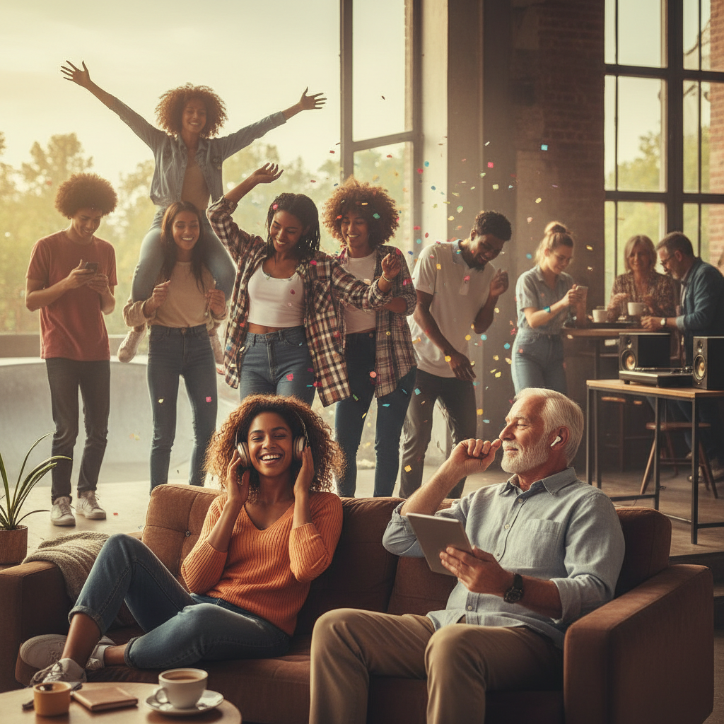 A diverse group of people of different ages, enjoying music in various settings – some with headphones, some dancing at a concert, others casually listening with friends. The scene should convey a sense of cultural shifts and generational tastes in music consumption. Style: vibrant lifestyle photography, natural expressions, warm lighting, dynamic composition. No text.
