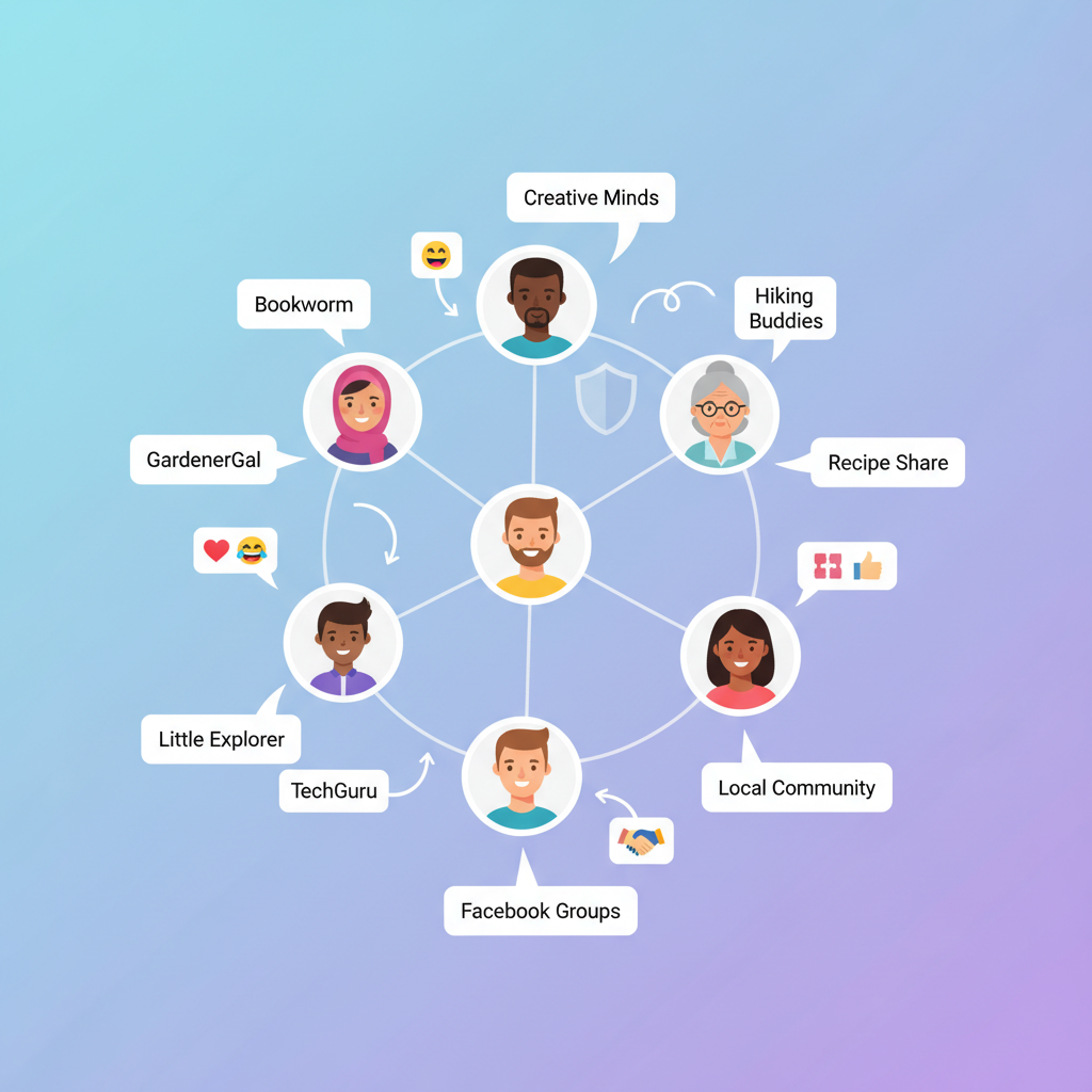 A diverse group of people of various ages using Facebook Groups with nicknames. They are shown interacting happily and comfortably, maintaining privacy while building connections. The scene is bright and friendly, with a modern, clean infographic style. No visible text in image. If UI elements needed, English-only minimal text. Never use Korean characters. Style: clean infographic, modern layout, high contrast. Background: gradient blue and purple. Lighting: Bright, balanced lighting. Centered focus, visually rich, no empty margins.