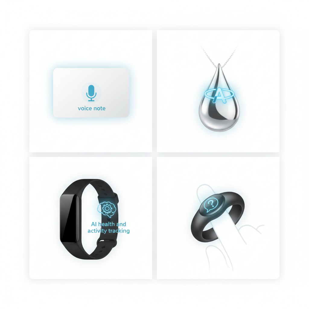A clean infographic illustrating various types of wearable AI devices, including card-shaped devices, pendants, wristbands, and smart rings. Each device is subtly highlighted with an icon representing its core function (e.g., voice note, AI assistant). The style is modern and informative, with a clear layout. No text.