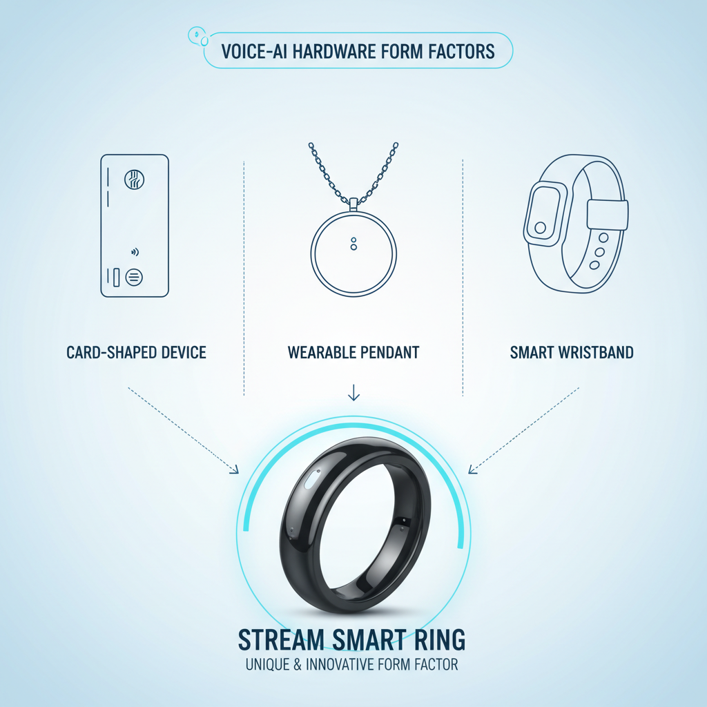 A comparison infographic showing various types of voice-AI hardware devices (card-shaped, pendants, wristbands) with the Stream smart ring prominently featured and highlighted as a unique and innovative form factor. Clean infographic style, clear visual distinction, no text.