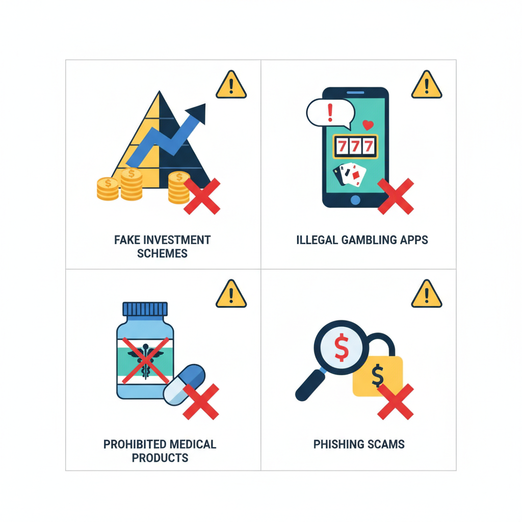 A clean infographic style illustration showing various types of fraudulent advertisements including fake investment schemes, illegal gambling apps, and prohibited medical products, organized in a grid layout with warning icons, professional business style, bright lighting, no text in image