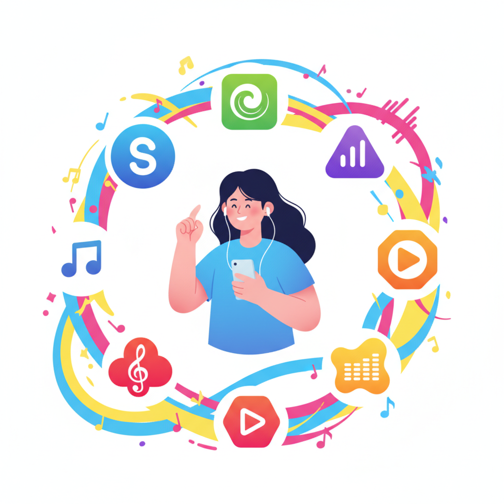 A vibrant, clean infographic showing several stylized music streaming service logos (generic designs, not real ones) arranged around a central Korean user happily listening to music with wireless earbuds. The background is a bright, energetic pattern of abstract sound waves. No text.