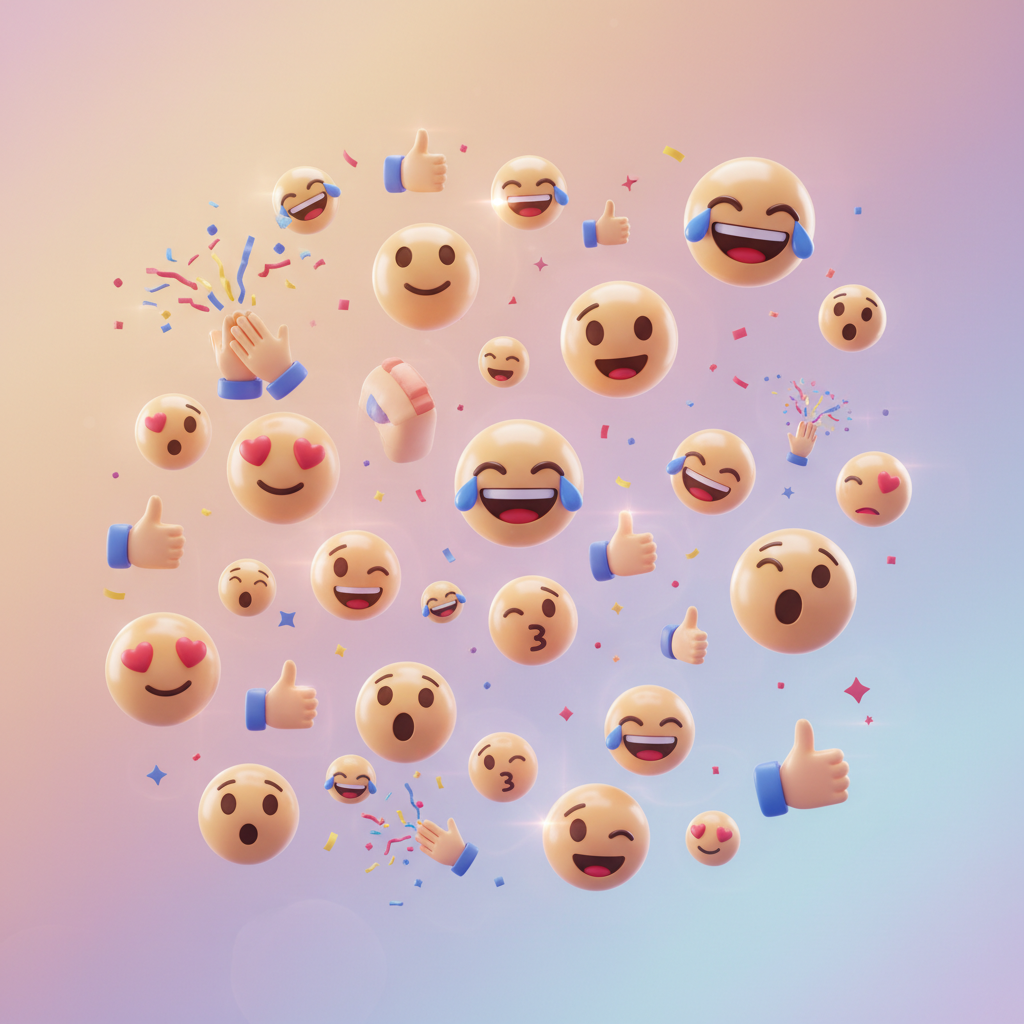 Colorful array of emoji reactions and expressions floating in digital space, cheerful and vibrant atmosphere, 3D illustration style, soft gradient background, warm lighting, diverse emotional expressions represented, no text in image