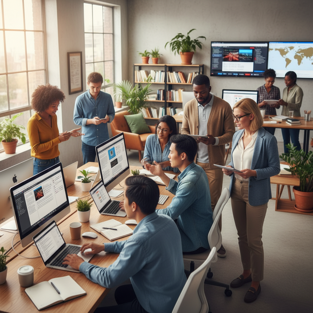 A diverse group of journalists of various ethnicities and genders working collaboratively in a modern newsroom. They are engaged in discussions, typing on computers, and reviewing content. The environment is vibrant and inclusive. Style: lifestyle photography, warm and natural lighting, detailed office background. No visible text in image.