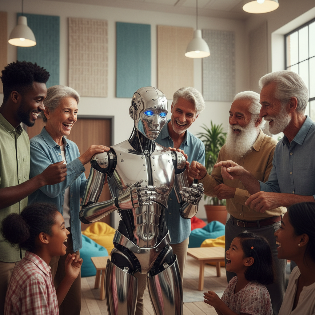 A diverse group of people of various ages and ethnicities, with natural expressions, gathered around a friendly-looking humanoid robot, interacting and laughing together. The robot shows a complex expression, seemingly trying to understand their emotions and cultural nuances. The background is a bright, airy community center with textured walls and soft ambient lighting. No visible text in image.
