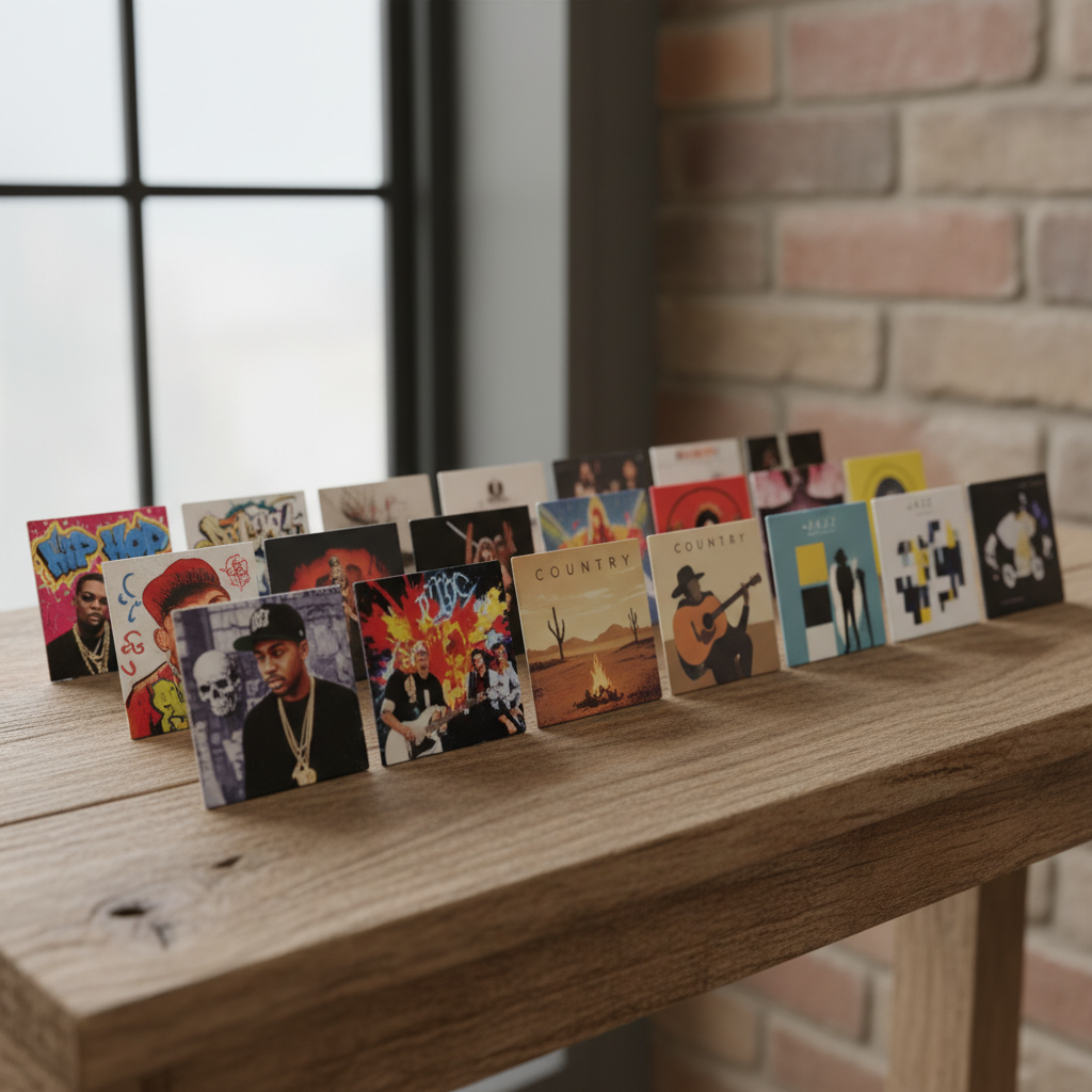 A collection of various Tiny Vinyl records, showcasing different album art for hip-hop, rock, country, and jazz genres, neatly arranged on a textured shelf. Bright, balanced lighting. No text.