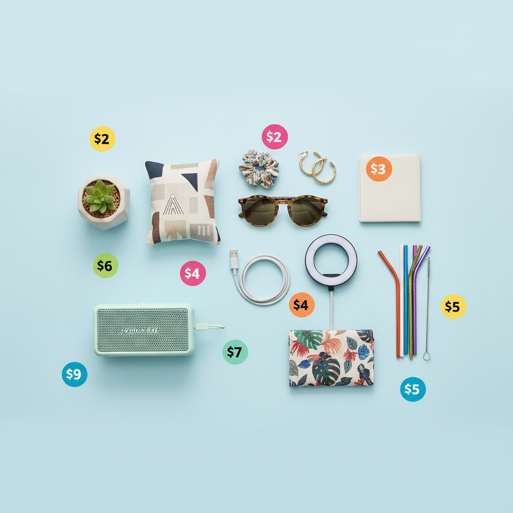 A vibrant flat lay composition of various affordable products including trendy fashion accessories, small home decor items, electronics gadgets, and lifestyle products arranged on a clean surface, price tags showing 2 to 10 dollars, colorful and appealing product photography, bright even lighting, lifestyle photography style, no text in image