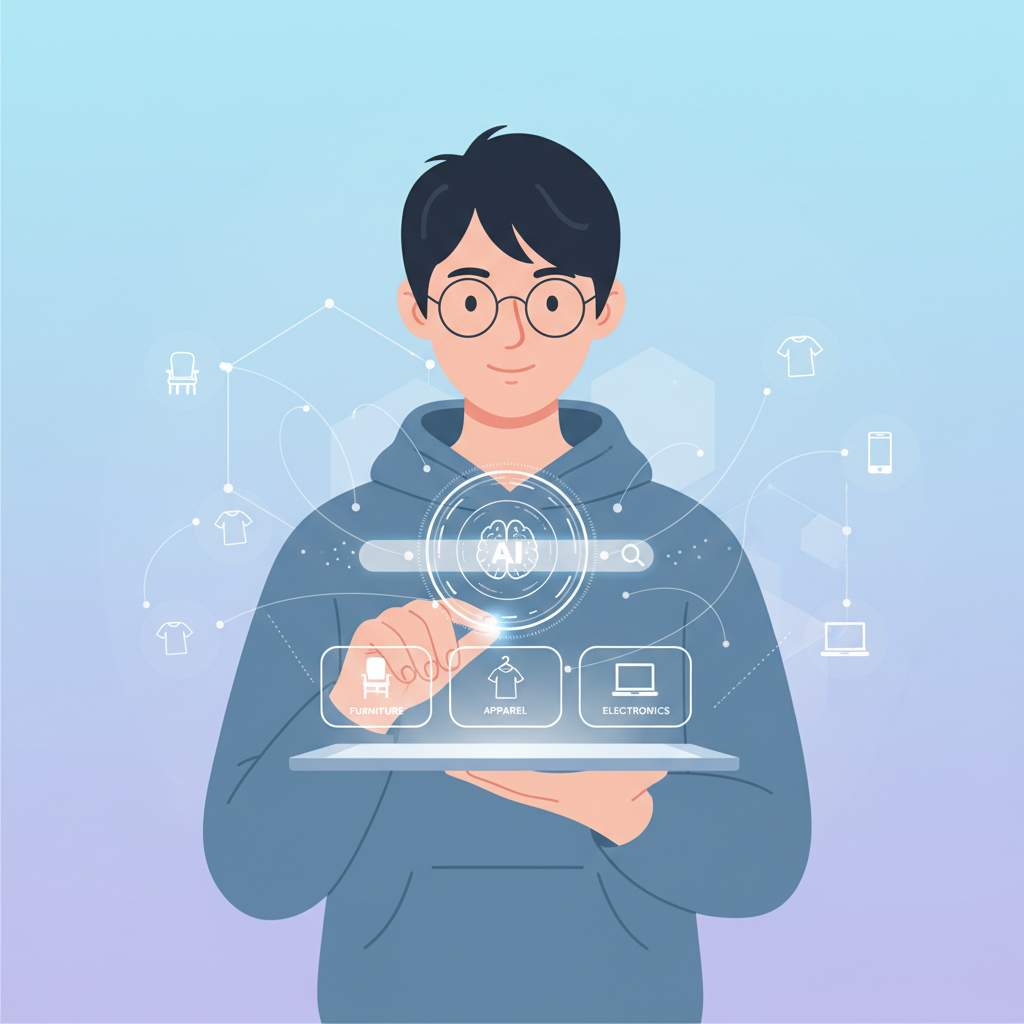 A clean infographic showing a person interacting with an AI shopping interface on a tablet. Various product categories like furniture, apparel, and electronics are represented by subtle icons around the interface. The background is a soft gradient. No text. Korean appearance for the person.