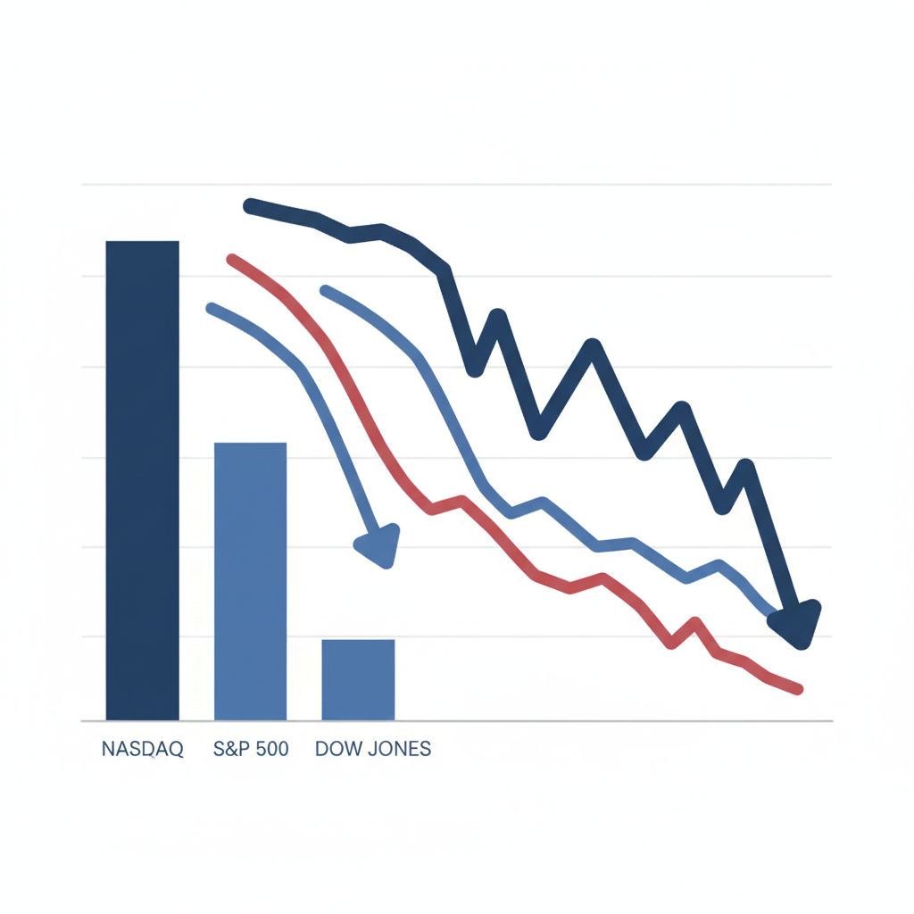 A clean infographic-style visualization comparing three major stock indices performance, showing NASDAQ with steeper decline compared to S&P 500 and Dow Jones, modern financial chart design with blue and red colors, professional data visualization, clear bar graphs and trend lines, minimalist style filling the frame, no text in image