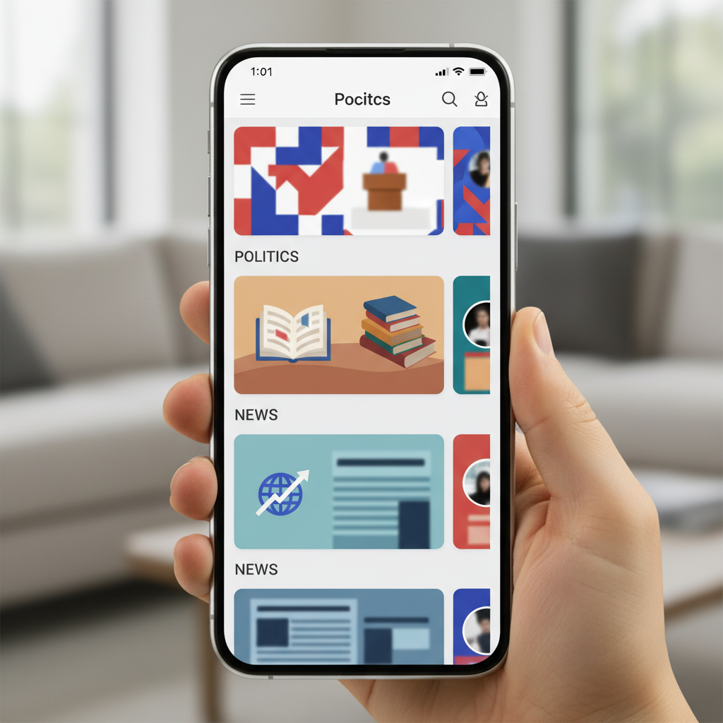 Smartphone screen showing diverse social media feed with various topics including politics, books, and news, modern interface design, colorful thumbnails and posts, realistic mobile device mockup, no text in image