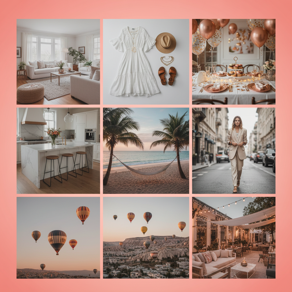 A collage-style composition showing various inspirational images including interior design, fashion outfits, travel destinations, and party decorations arranged in a Pinterest-style grid layout. Warm lighting with a soft coral-pink gradient background. High quality lifestyle photography aesthetic. No text overlay.