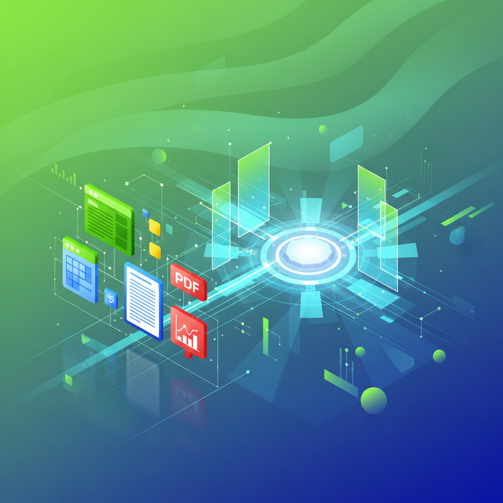 Digital workspace showing various file types (spreadsheets, documents, PDFs) converging into a unified platform. Bright green and blue gradient background with floating 3D file icons. Modern tech visualization with clean lines and depth. No text.