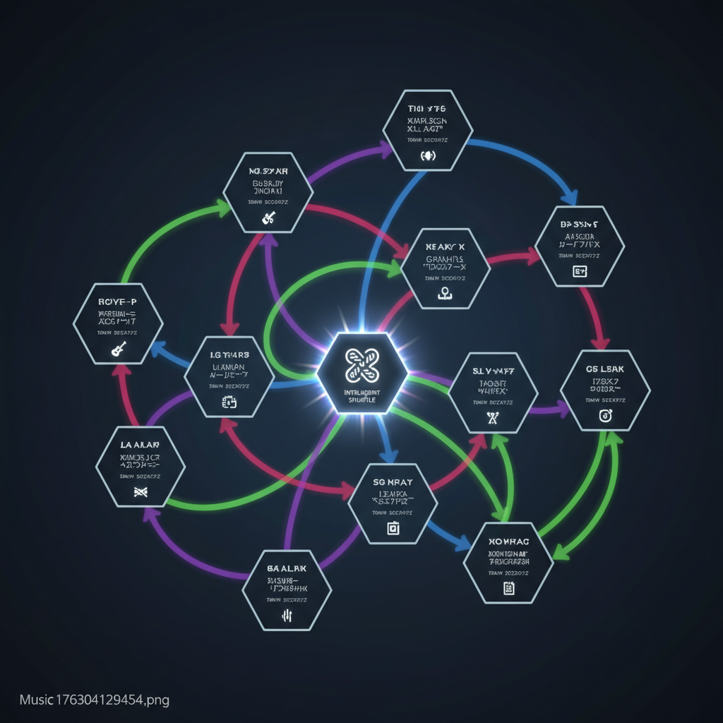 A modern infographic displaying multiple, interconnected music playlists on a dark gradient background. Each playlist shows diverse song titles and artists, with arrows indicating a non-repetitive flow. The overall design is clean, high-contrast, and visually dynamic, emphasizing variety and intelligent shuffling. No text elements visible.