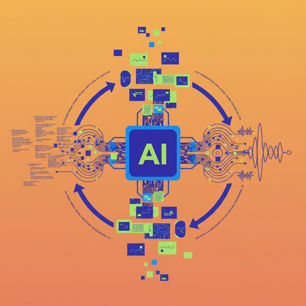 AI analyzing multiple forms of data simultaneously, showing text, images, and audio waves merging, clean infographic, modern layout, high contrast, warm orange and yellow gradient background, no text